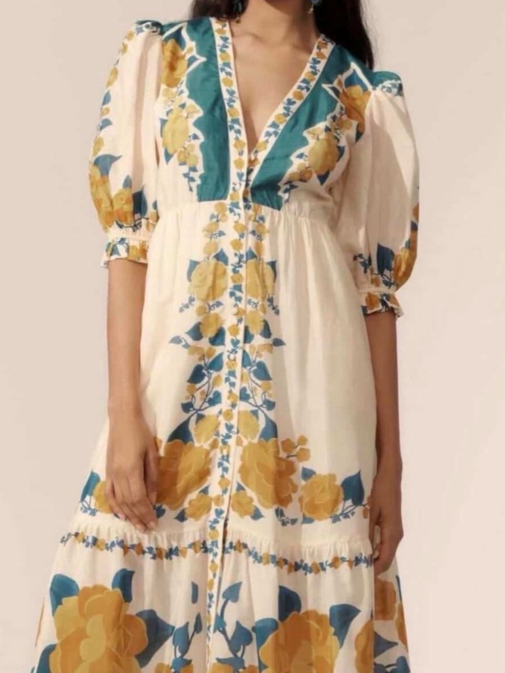 Anthropologie Cream Maxi Dress with Mustard Floral and Teal Trim